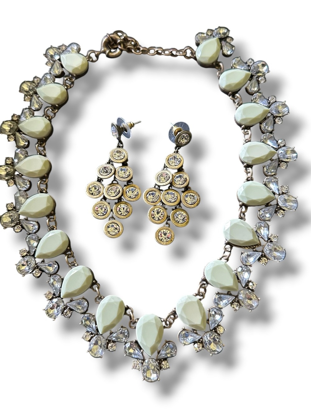 FIRE & ICE MINTY Cream Necklace Teardrop w/ Crystal Pierced Earrings Set PRETTY